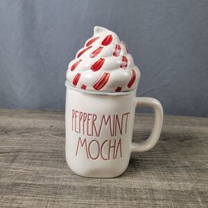 Rae Dunn Artisan‎ Collection White Ceramic Peppermint Mocha Mug with Lid